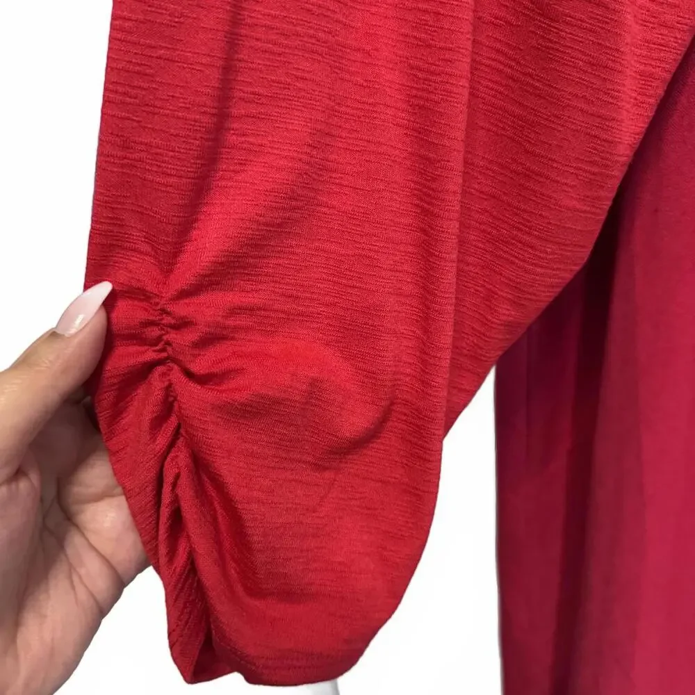 Alyx Red Lattice Ruched Sleeves Shark Bite Hem Top Plus Size 3X - Picture 3 of 5